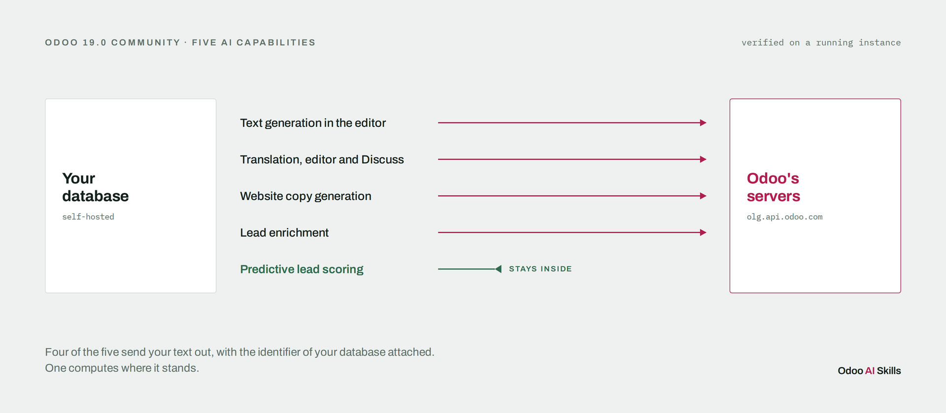 Which ones send your text to Odoo's servers, what travels with it, and the one that runs entirely inside your own database.