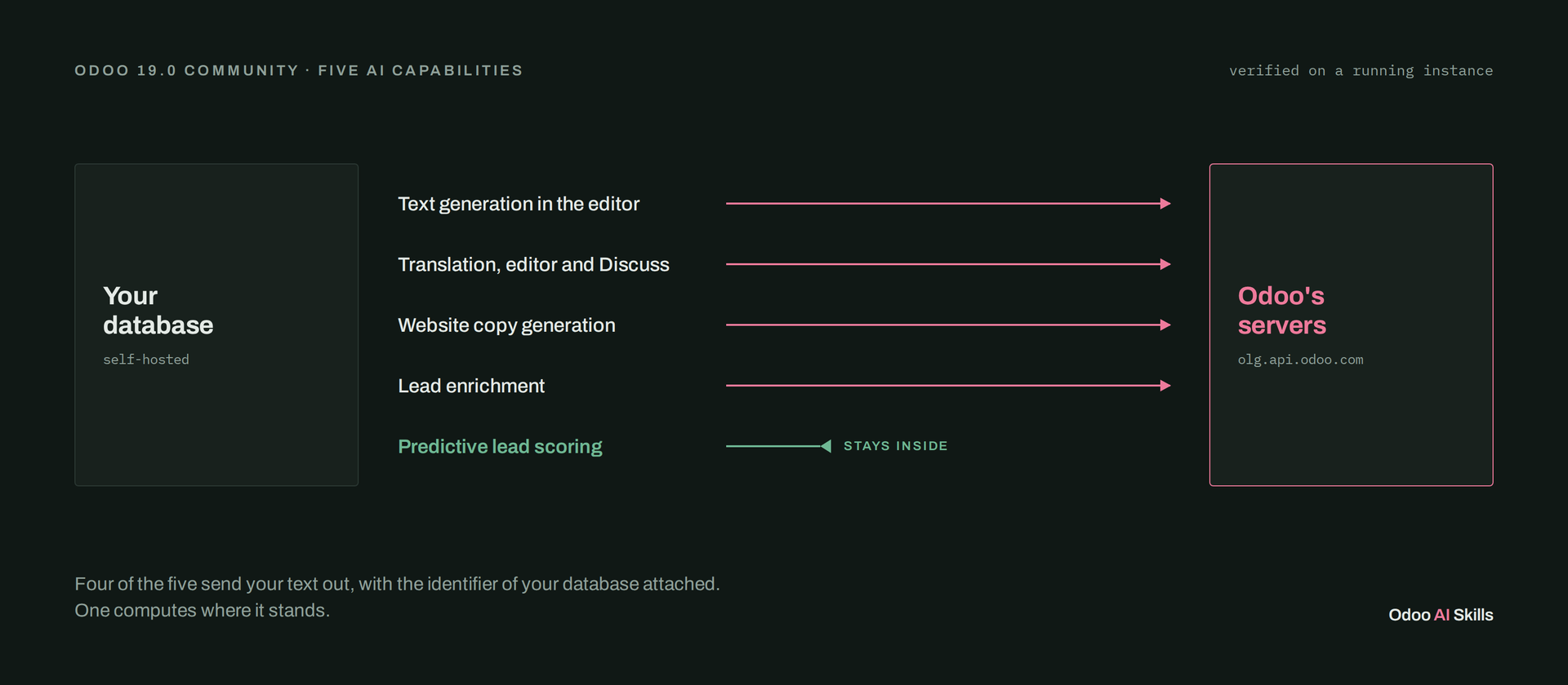 Which ones send your text to Odoo's servers, what travels with it, and the one that runs entirely inside your own database.